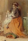 A girl listening to the ticking of a pocket watch while sitting on her mothers lap